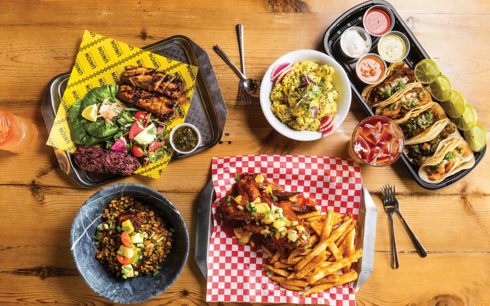 At Graze food hall: Soul Bowl: Jerk salmon with succotash and Minneapolis Mambo wings; Union Hmong Kitchen: Zoo Siab Meal with pork belly and sticky rice, curried potato salad; Viva Taco: taco sampler