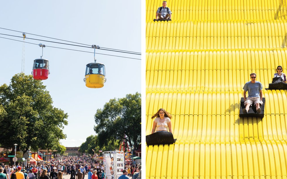 split screen with gondola ride on left and giant slide on the right