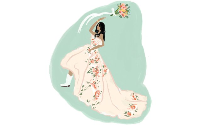 illustration of a bride tossing a bouquet